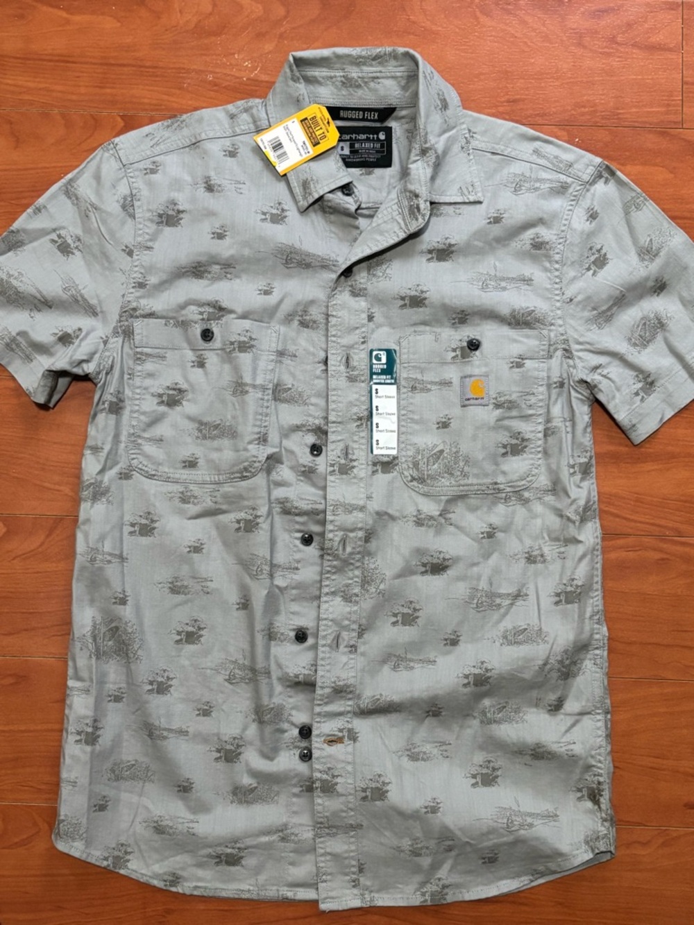 Carhartt Men’s Short-Sleeve Light Gray Printed Button-Down Shirt